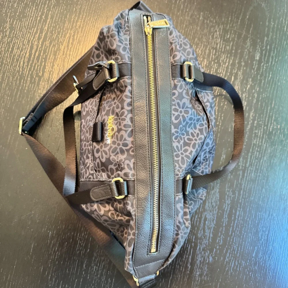 Kipling Black Grey Floral Nylon Satchel Crossbody Bag Gold Hardware Charm
